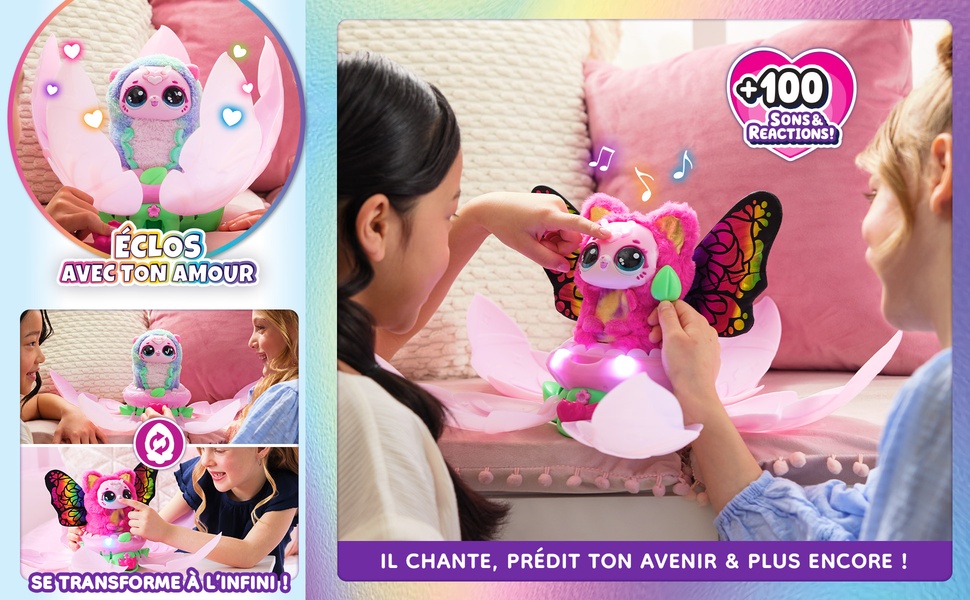 Le texte se lit comme suit : « IL CÂLINE, PARLE TON RÊVES & FAIS ENCORE ! ». Emballage du produit en peluche interactif rose et image de démonstration montrant le jouet en cours d'utilisation.