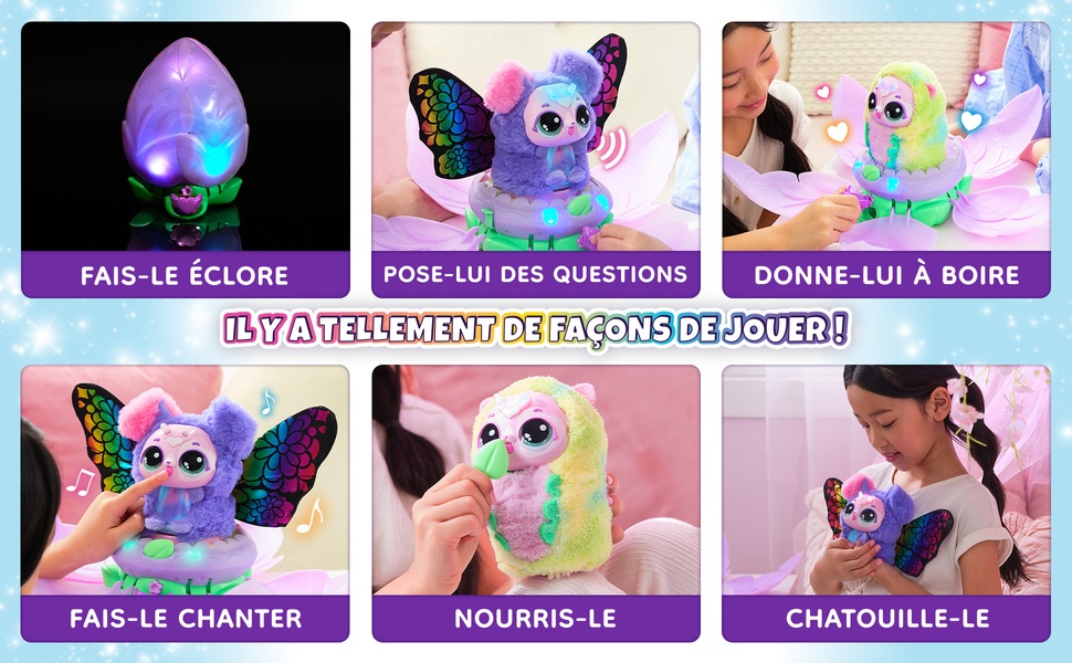 Le texte se lit comme suit : « FAIRE LE CLOWN », « POSER LES QUESTIONS », « LUI DONNER A BOIRE », « CHATOUILLER LE ». Séquence d'illustrations de style dessin animé avec des personnages colorés.
