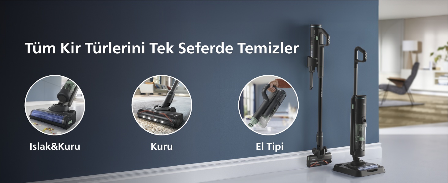AquaTrio XW7263/11: ıslak ve kuru temizlik, süpürme ve el tipi kullanım