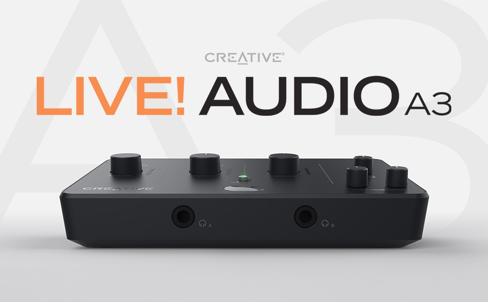 Creative Live! Audio A3 device, a black rectangular audio interface with multiple knobs and ports on its surface.