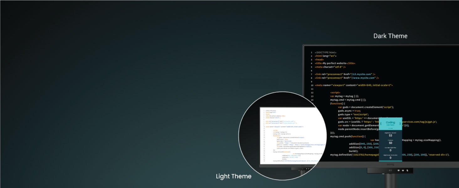 BenQ RD280UA offers both dark and light themes for adaptable coding environments.
