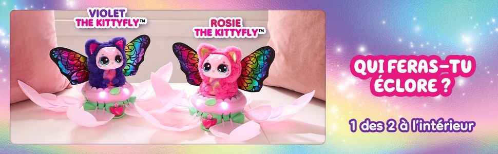 Le texte indique « QUI FERA-TU ECLORE ? » Image promotionnelle montrant des peluches colorées sur le thème des papillons avec des ailes roses et bleues.