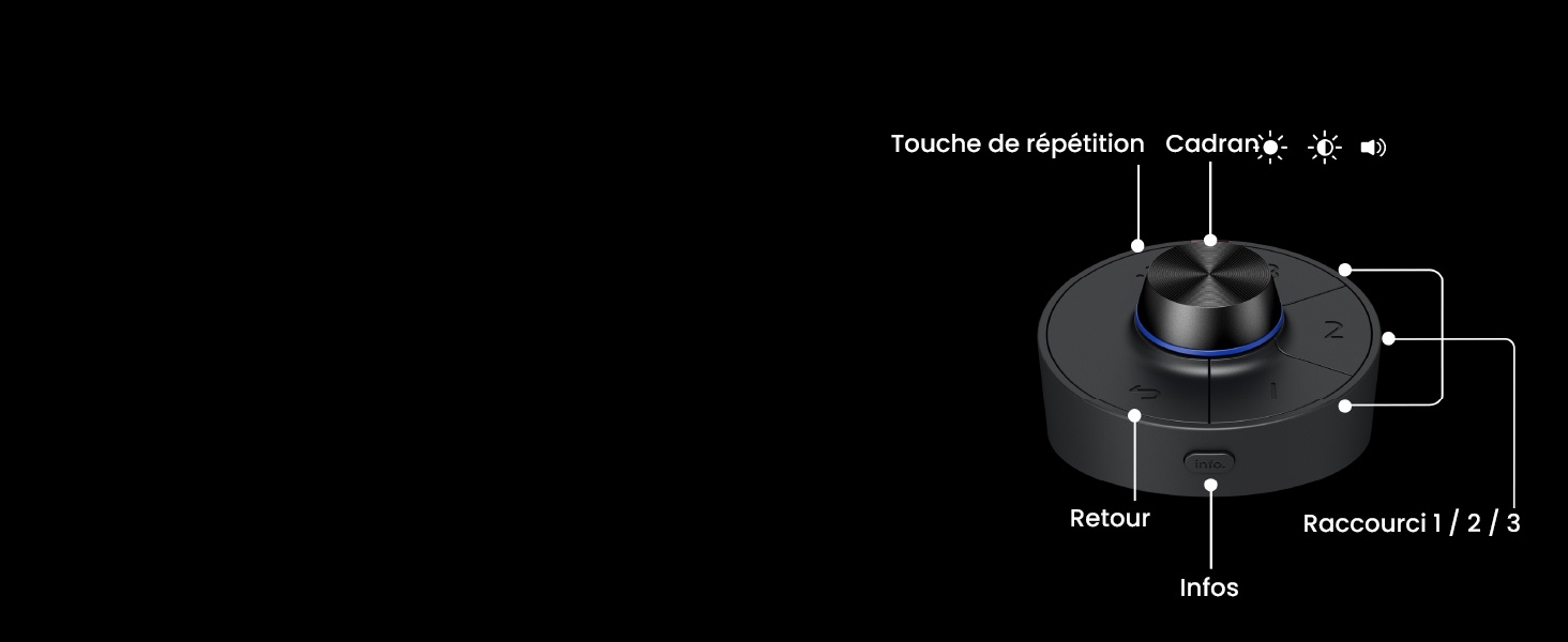 Schéma technique ou schéma montrant les mesures et les spécifications d'un appareil ou d'un composant circulaire noir.