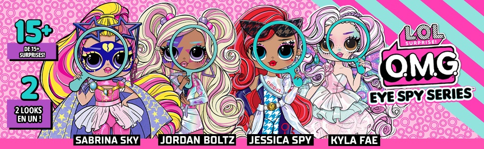 Le texte se lit comme suit : « SÉRIE D'ESPIONNAGE L.O.L. SURPRISE O.M.G. DIY ». Fond rayé rose et bleu avec illustrations de personnages de dessins animés aux couleurs vives.