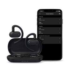 Black wireless earbuds with charging case shown alongside smartphone displaying settings or control interface screen.