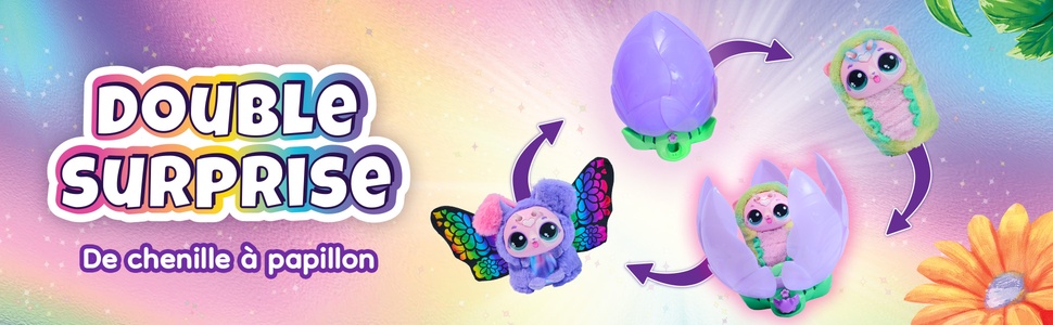 Le texte indique « DOUBLE SURPRISE ». Bannière de style animé aux couleurs pastel, avec des fleurs décoratives et des éléments graphiques stylisés.