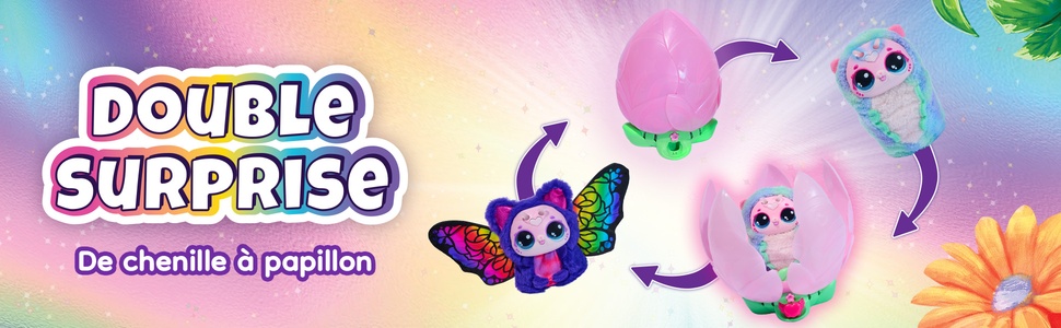 Le texte indique « DOUBLE SURPRISE ». Image promotionnelle colorée de style dessin animé avec de jolis personnages animaliers et un fond dégradé arc-en-ciel.