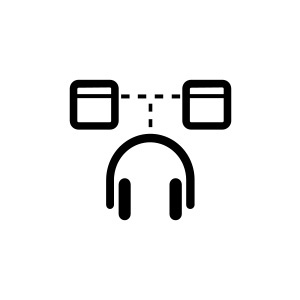 Simple black icon illustration showing two squares connected by a dotted line with headphones below, suggesting wireless audio connectivity.
