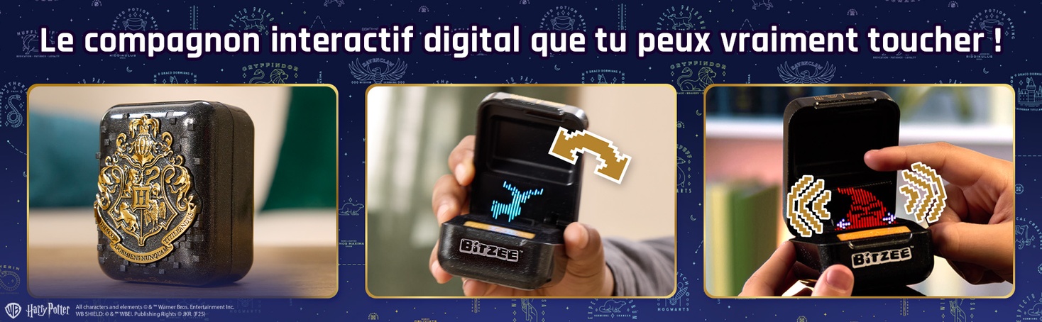 Le texte se lit comme suit : « Le compagnon interactif digital que tu peux vraiment toucher ! » Images de démonstration de l'interface numérique ou de l'appareil dans un format de collage.