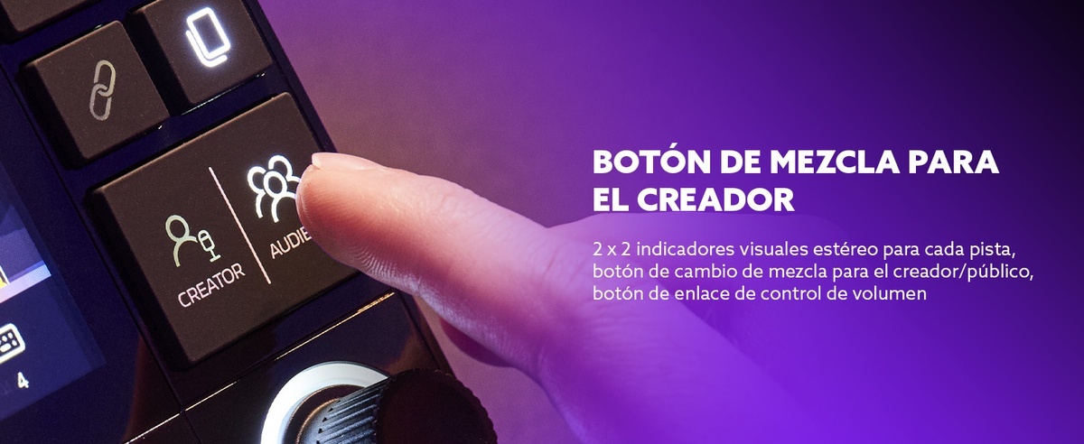 Primo piano di un pulsante con etichette 'Creator' e 'Audience', con testo 'Botón de mezcla para el creador'.