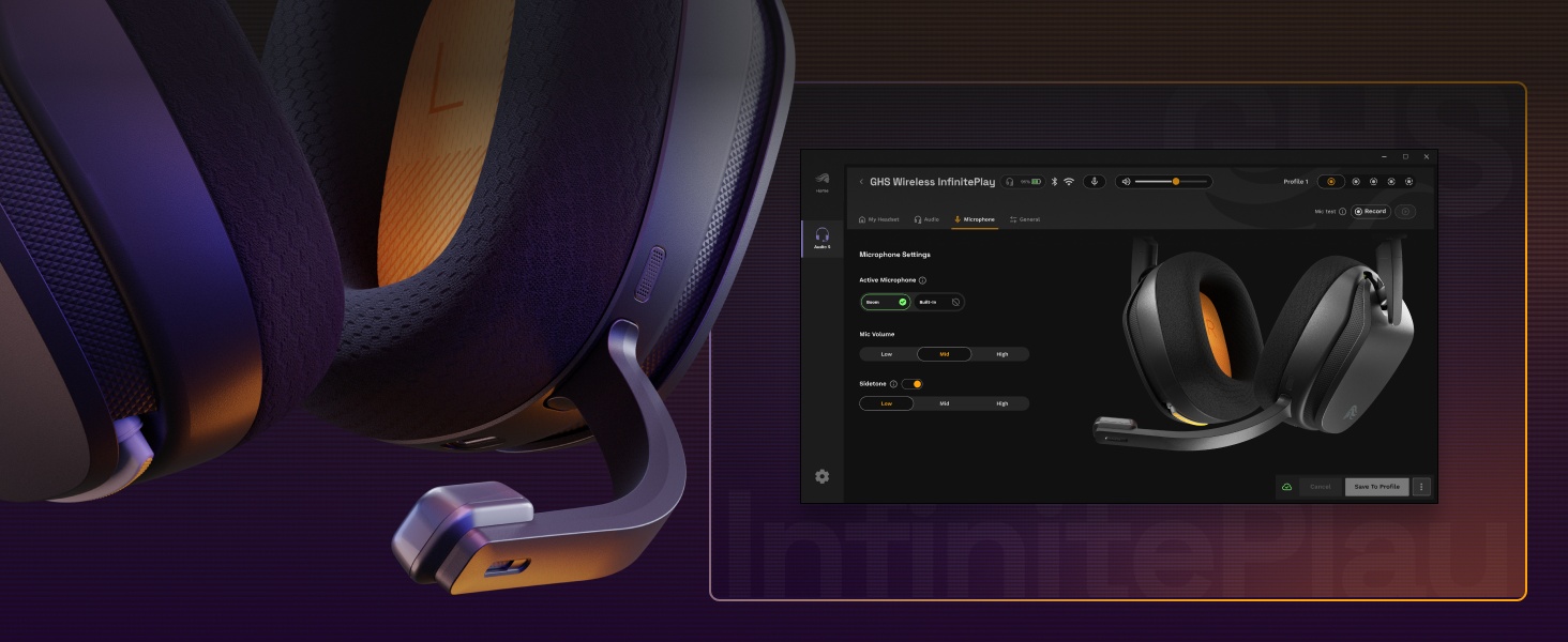Casque de jeu supra-auriculaire de couleur noire et orange affiché avec panneau de commande de l'interface numérique affichant les paramètres de configuration audio.