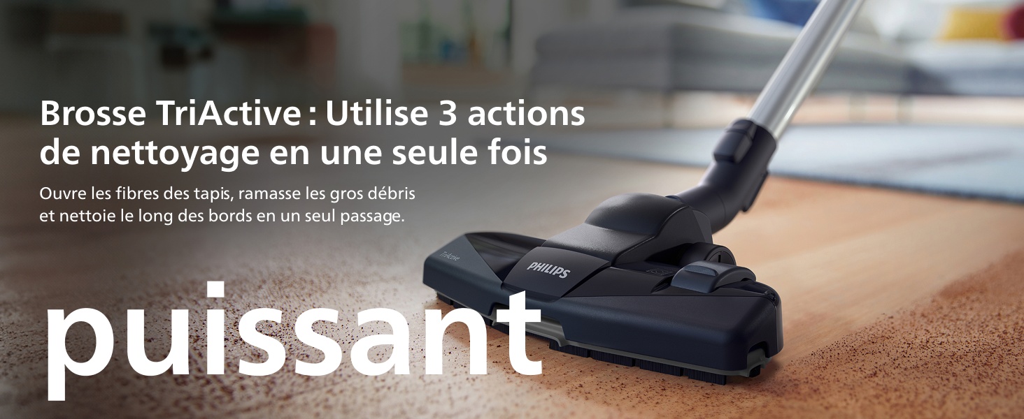 Brosse TriActive : Utilise 3 actions de nettoyage en une seule fois Ouvre les fibres des tapis, ramasse les gros débris et nettoie le long des bords en un seul passage. puissant