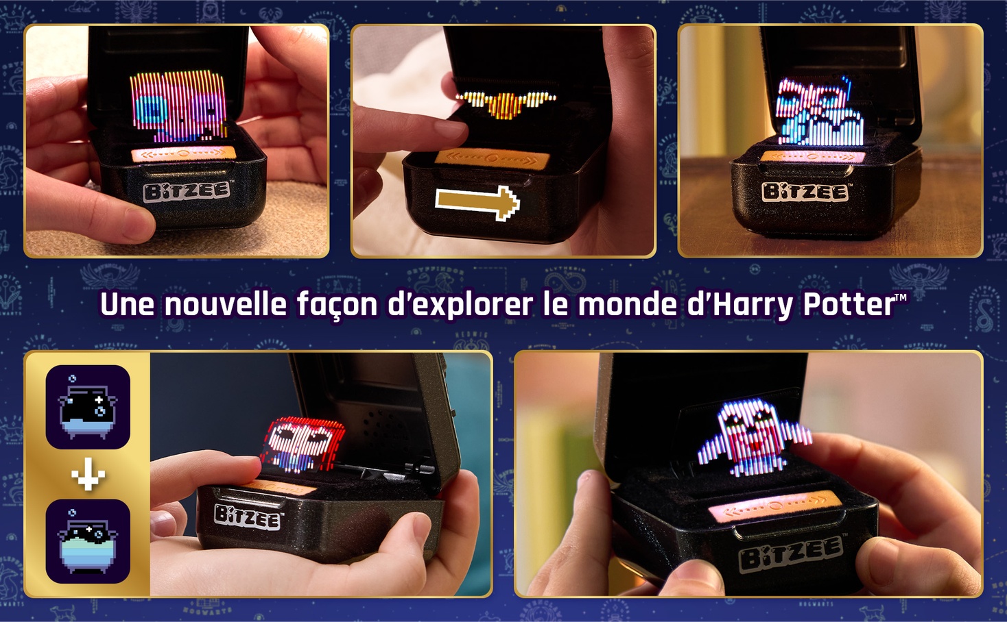 Le texte se lit comme suit : « Une nouvelle façon d'explorer le monde d'Harry Potter ». Vue à panneaux multiples montrant un petit appareil électronique ou interactif avec écrans d'affichage.