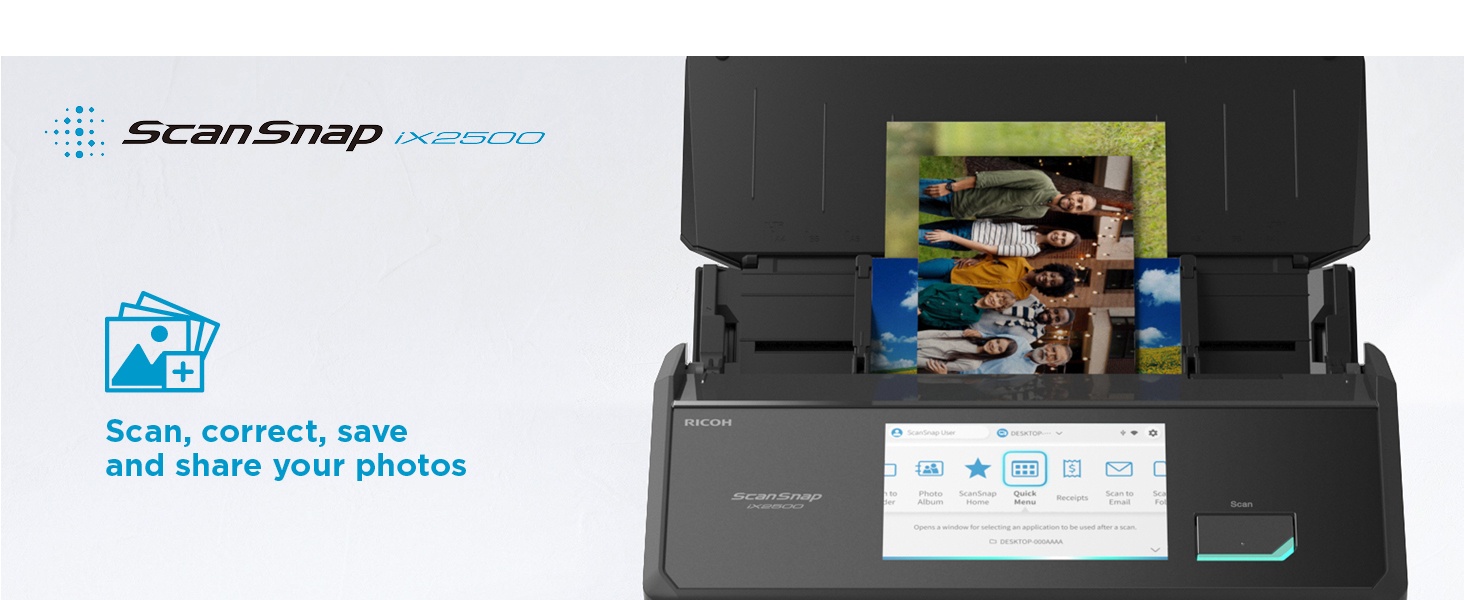 Scanner device shown with blue icon indicating scan capabilities. Black desktop scanner with display screen visible.
