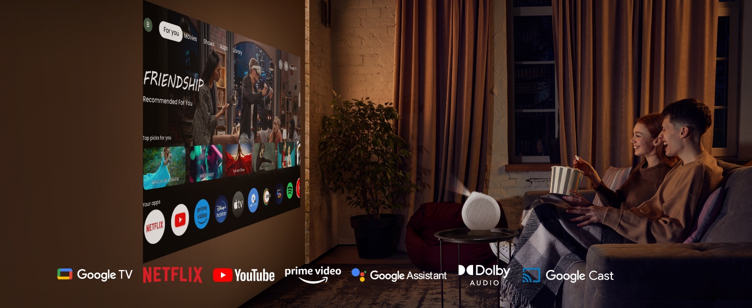 Interface de divertissement à domicile affichant les logos des services de streaming, notamment Google TV, Netflix, YouTube, Amazon Prime, Google Assistant, Disney+ et Google Cast.