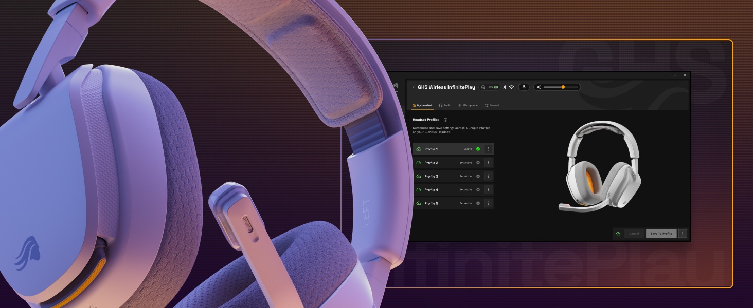 Casque de jeu avec oreillettes violettes affichées sur un écran d'ordinateur montrant l'interface du logiciel audio et la visualisation de la forme d'onde dans un espace de travail à thème sombre.