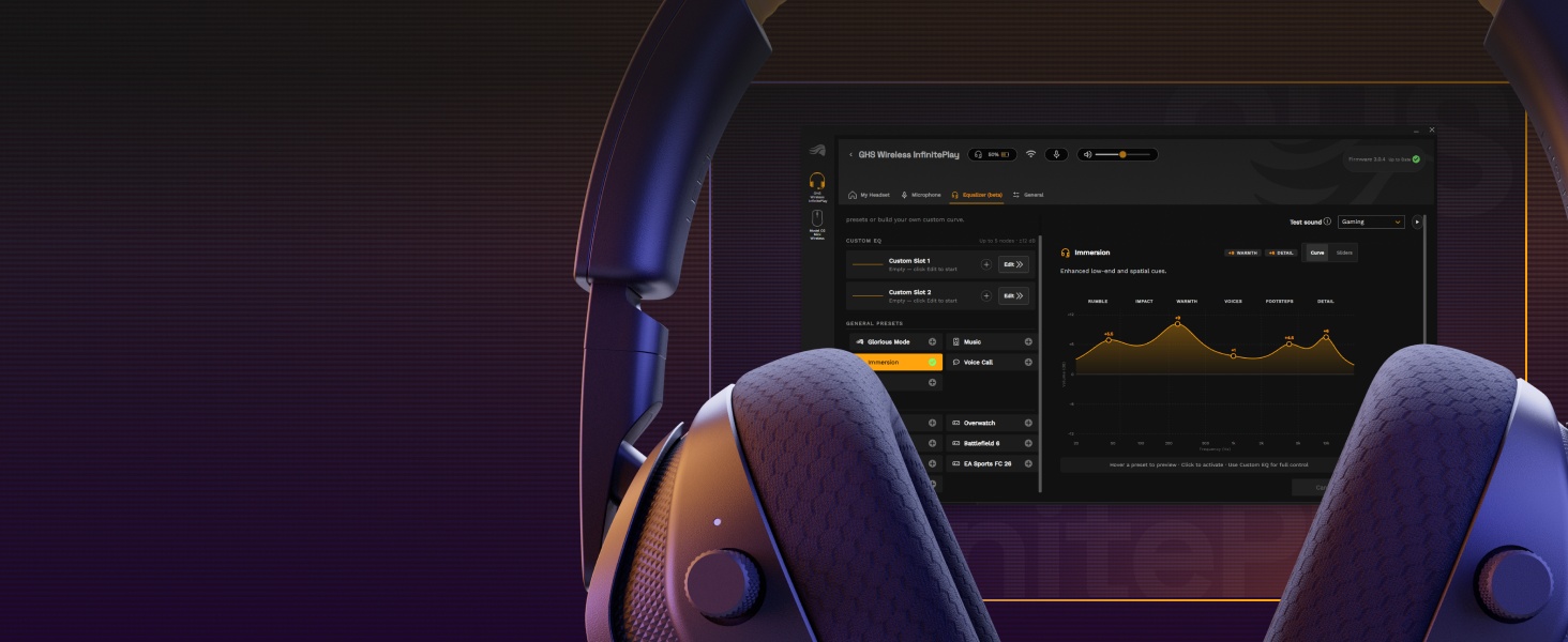 Casque de jeu supra-auriculaire violet affiché sur fond sombre avec visualisation de la forme d'onde audio sur l'écran du moniteur.