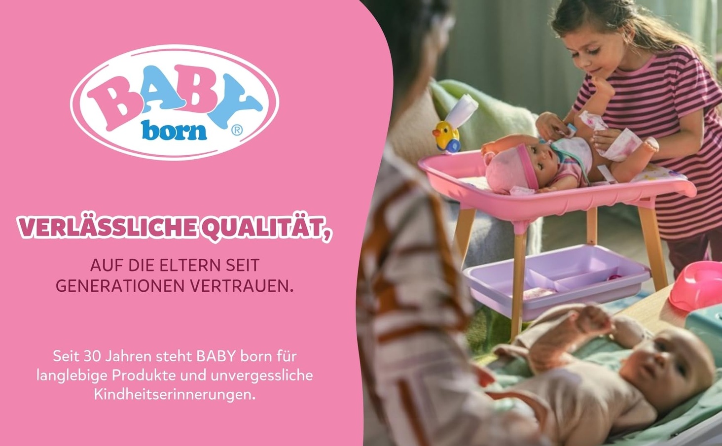 Text reads 'BABY born VERLÄSSLICHE QUALITÄT'. Pink-branded product image with play scene showing toys or dolls.