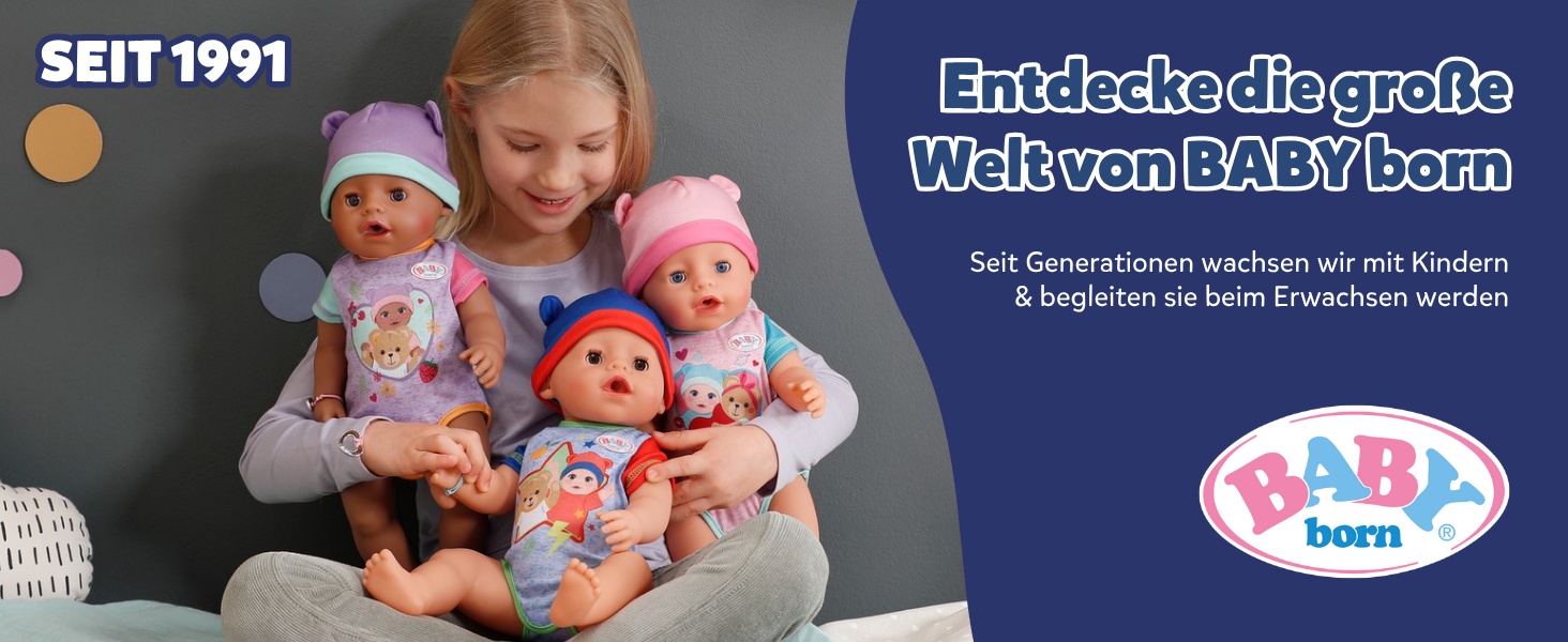 Der Text lautet „SEIT 1991“ und „Entdecke die gratis Willkommens-Baby born“. Werbung mit Puppen mit Werbetext.