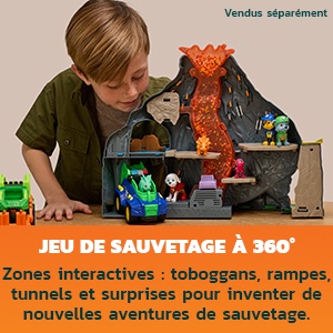Le texte se lit comme suit : « JEU DE SAUVETAGE À 360° », « Zones interactives • Toboggan • rampes • tunnels et surprises pour inventer de nouvelles aventures ». Un enfant joue avec un set de sauvetage interactif noir comprenant une structure volcanique, des plateformes vertes et de multiples zones.