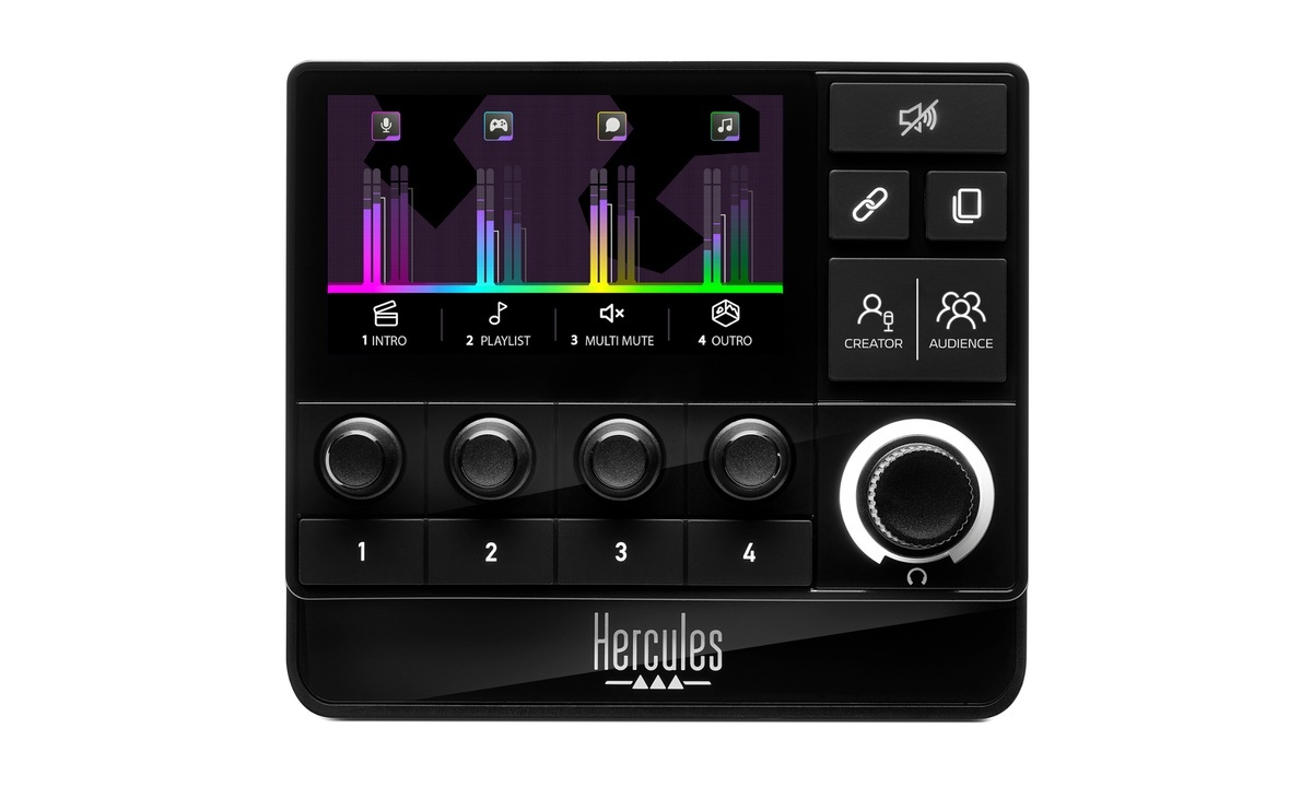 Dispositivo audio portatile con schermo LED, quattro manopole, pulsanti numerati da 1 a 4 e controlli audio come Creator e Audience; marchio Hercules visibile.