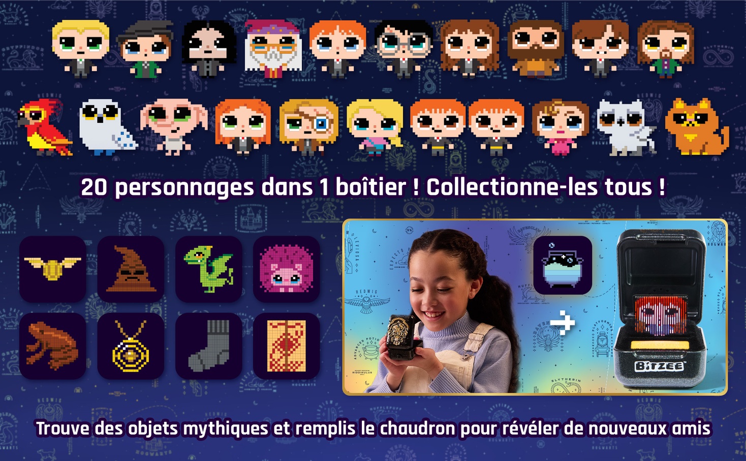 Le texte se lit comme suit : « 20 personnages dans 1 boîtier ! Collectionne-les tous ! » Plusieurs rangées d'icônes de personnages de dessins animés colorés au format carré sur fond sombre. Affiche les éléments de l'interface du jeu ou de l'application.