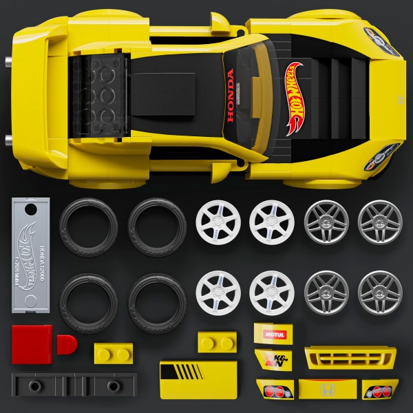 Zerlegte gelbe LEGO- oder Spielzeugautoteile auf schwarzem Hintergrund, darunter Karosserie, Räder und kleine Detailteile. Rennwagenkomponenten im Hot Wheels-Stil, dargestellt im technischen Layoutformat.