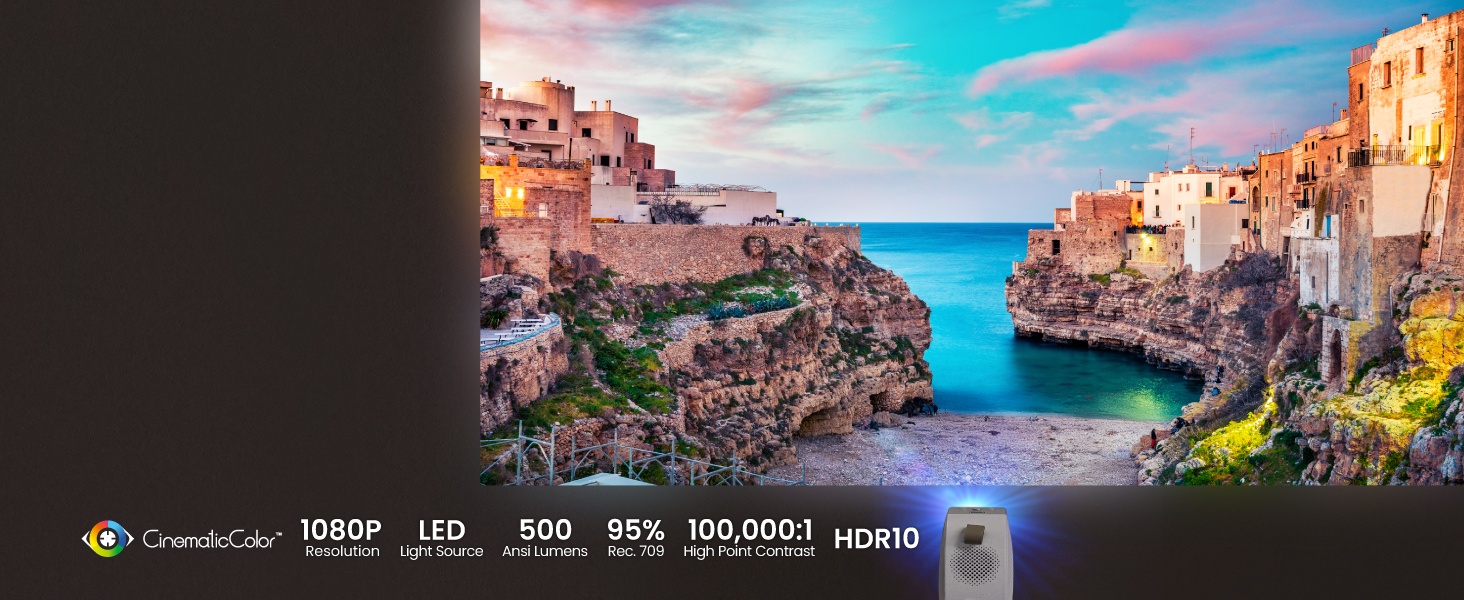 Vues pittoresques sur la ville côtière avec des bâtiments colorés le long de la falaise surplombant l'eau bleue. La superposition de l'interface affiche « LED 1080P 50K 5% 100/ 100% » et des indicateurs de menu.