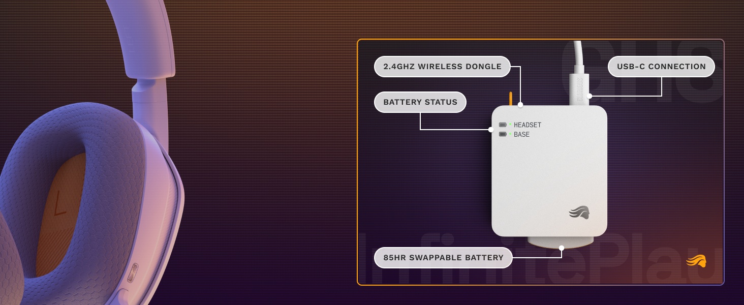 Appareil électronique compact blanc avec des éléments d'accent violets et oranges visibles, affiché sur fond foncé avec des légendes textuelles indiquant les spécifications ou caractéristiques techniques.