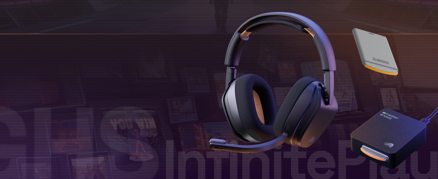 Casque de jeu supra-auriculaire bleu avec design fermé, oreillettes rembourrées et bandeau. Présentée avec des accessoires de jeu, y compris des manettes et des boîtes de rangement sur fond teinté violet.
