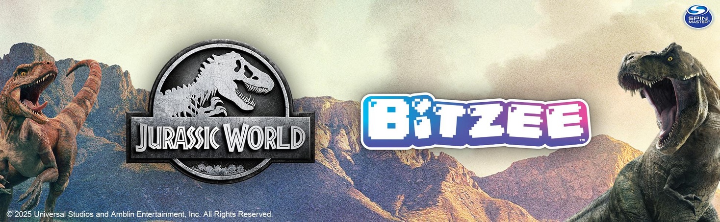 Le texte se lit comme suit : « Jurassic World BitZee ». Image promotionnelle montrant des images sur le thème des dinosaures sur fond naturel.