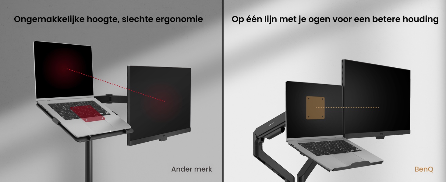Productafbeeldingen van strakke zwarte montagebeugels of hardwarecomponenten die vanuit meerdere hoeken worden weergegeven, met technische installatieweergaven.