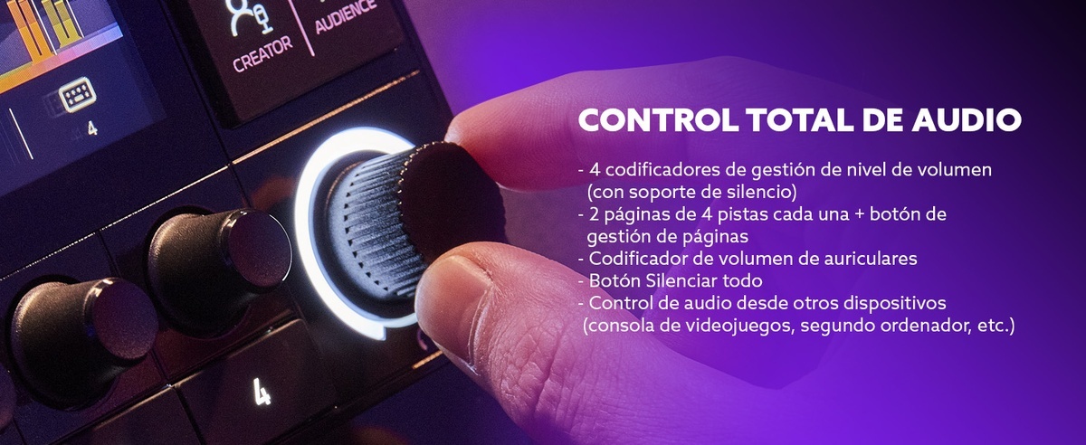 Primo piano di una manopola luminosa, con testo 'Control Total de Audio' e caratteristiche tecniche.