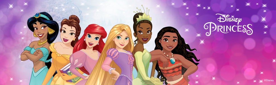 Text reads 'Disney Princess'. Purple gradient promotional banner showing animated Disney princesses against sparkly background.
