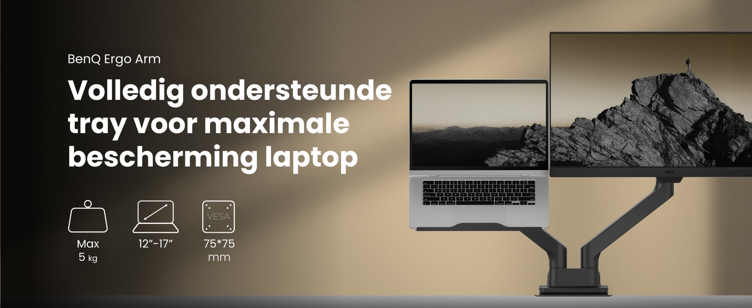 De tekst toont 'Volledig onderstaunds tray voor maximale bescherming laptop'. Laptopstandaard of -houder weergegeven in meerdere hoeken, wat de instelbare posities aantoont.
