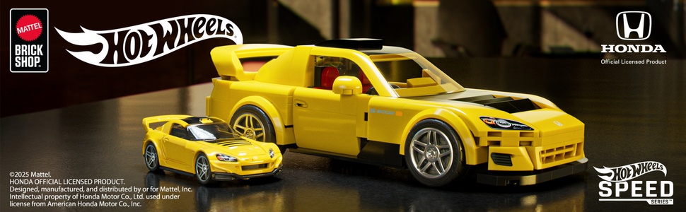 Auf der Verpackung steht „Hot Wheels“. Bei mehreren Werbebildern von gelben und schwarzen Spielzeugautos handelt es sich offenbar um Fahrzeugmodelle von Honda.