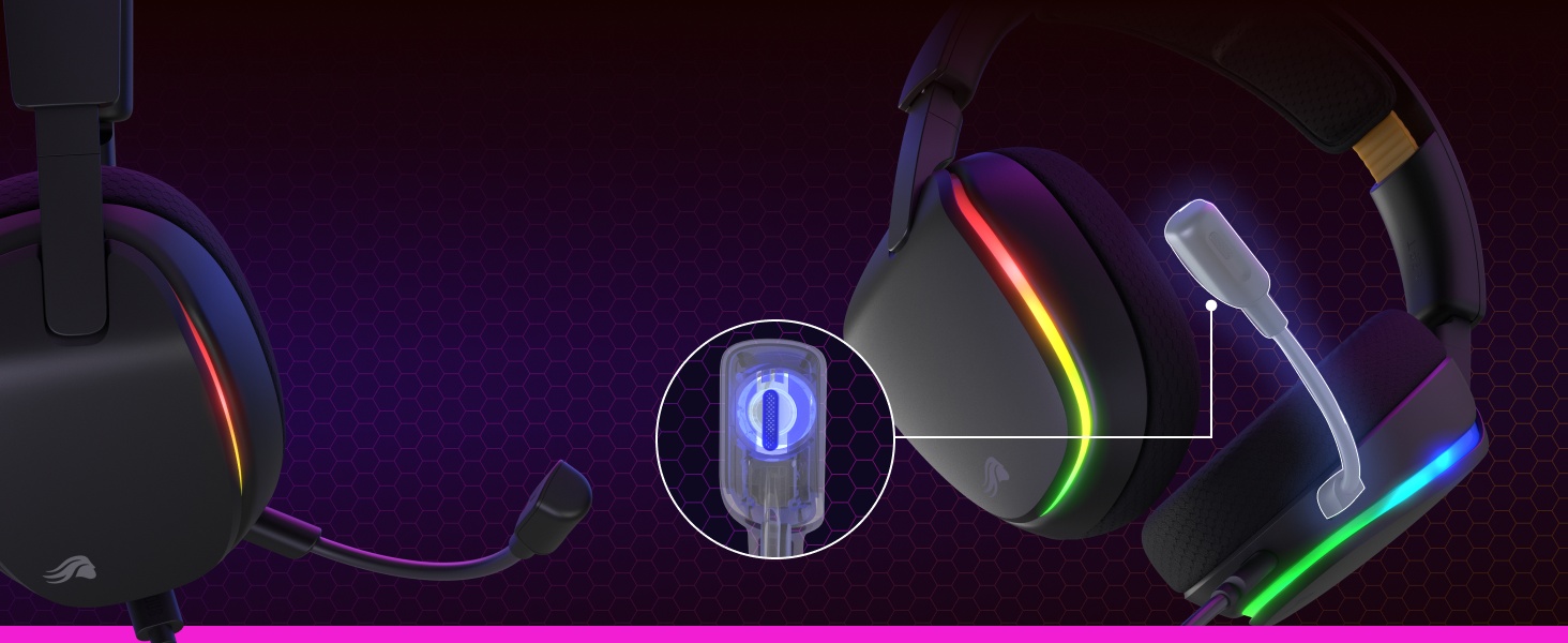 Gamingheadset met RGB-lichteffecten weergegeven tegen een paarse achtergrond, identiek aan afbeelding 2.