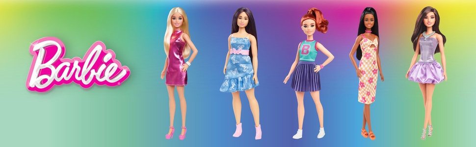 Text reads 'Barbie'. Banner showing a lineup of Barbie dolls in different outfits against a gradient pastel background from green to pink.