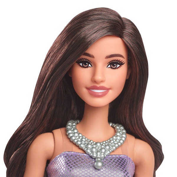 Fashion doll product series showing same doll in different outfits and poses, featuring formal wear with jewelry accessories.