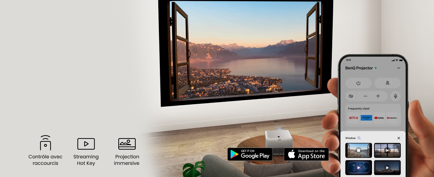 Série de captures d'écran de l'interface d'une application pour smartphone montrant les vues des fenêtres et les panneaux de commande. Comprend des scènes de coucher/lever du soleil à travers les fenêtres.