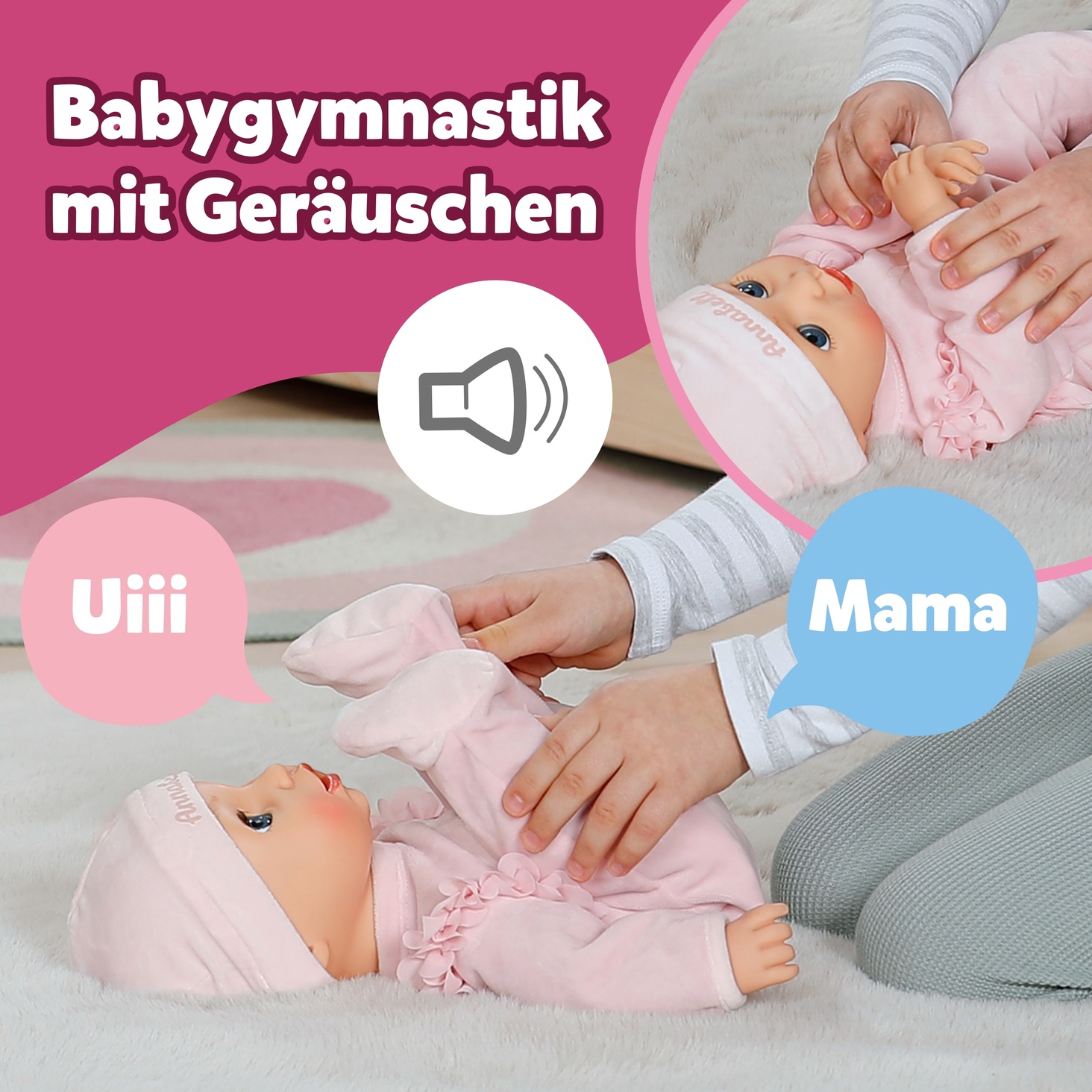 Text reads 'Babygymnastik', 'mit Geräuschen', 'Uiii', 'Mama'. Collection of images showing baby exercise or movement activities.