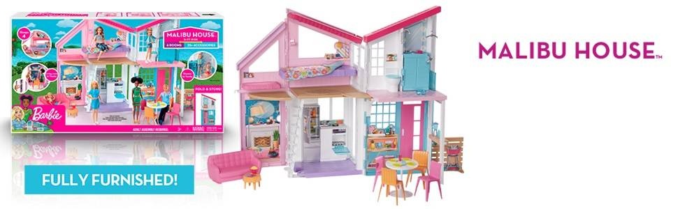 Barbie Malibu House 2-Story, 6-Room Dollhouse with Transformation Features, Plus 25+ Pieces