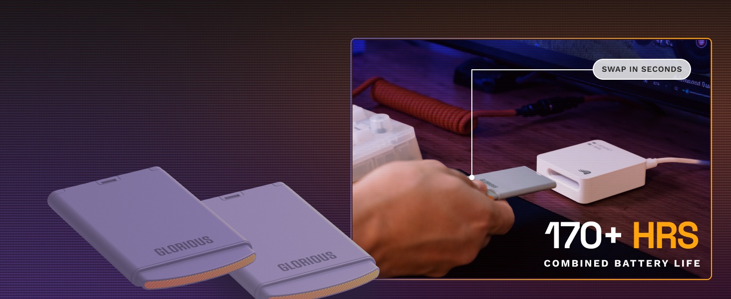 Le texte indique « Plus de 170 heures » et « Durée de vie de la batterie sans fil ». Appareil rectangulaire violet et blanc illustré avec l'emballage du produit.
