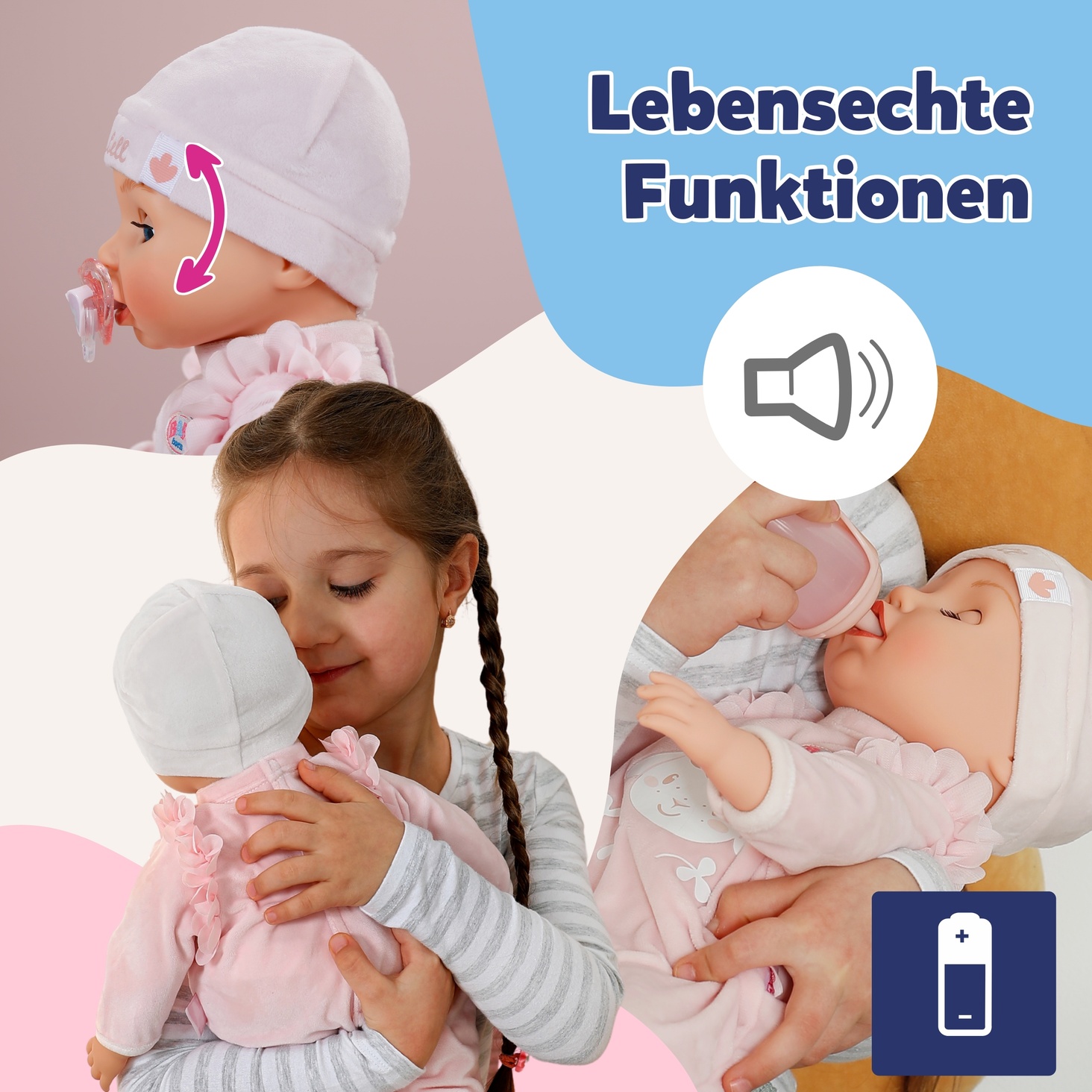 Text reads 'Lebensechte Funktionen'. Illustration showing baby doll with sound icon indicator, featuring scenes of playing with doll.