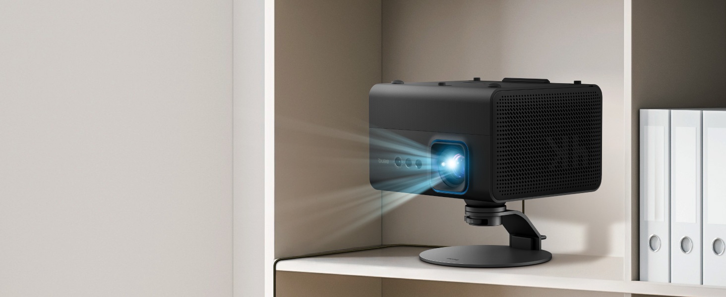 BenQ GP520 and projector stand on shelf, compact projector placement, elevated projector setup