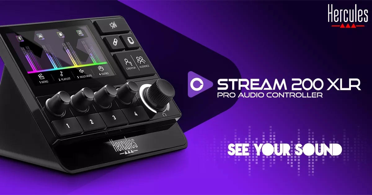 Controller audio Stream 200 XLR con pulsanti, manopole e schermo digitale su sfondo viola; testo visibile: Stream 200 XLR Pro Audio Controller, See Your Sound.