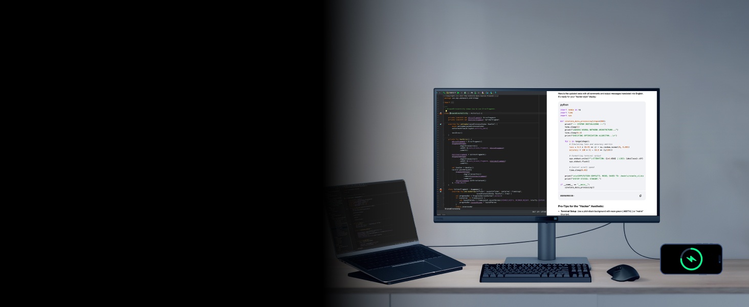 Configuration de bureau à domicile avec ordinateur portable affichant le code sur le moniteur gauche et la documentation sur le moniteur droit, petit appareil sur le bureau, espace de travail minimaliste.