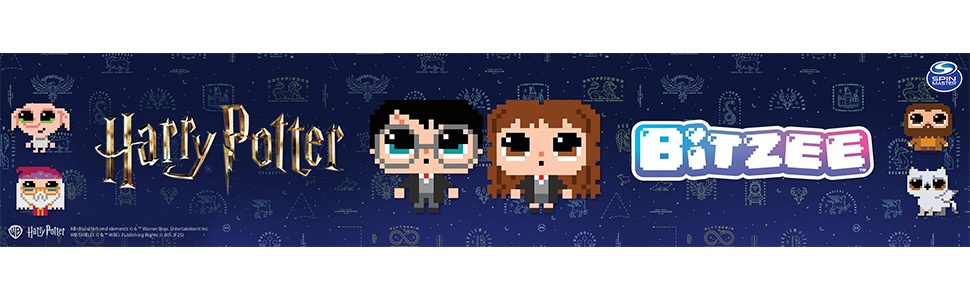 Le texte indique « Harry Potter ». Bannière horizontale avec des icônes de personnages de dessins animés stylisés dans un motif répétitif sur fond bleu.