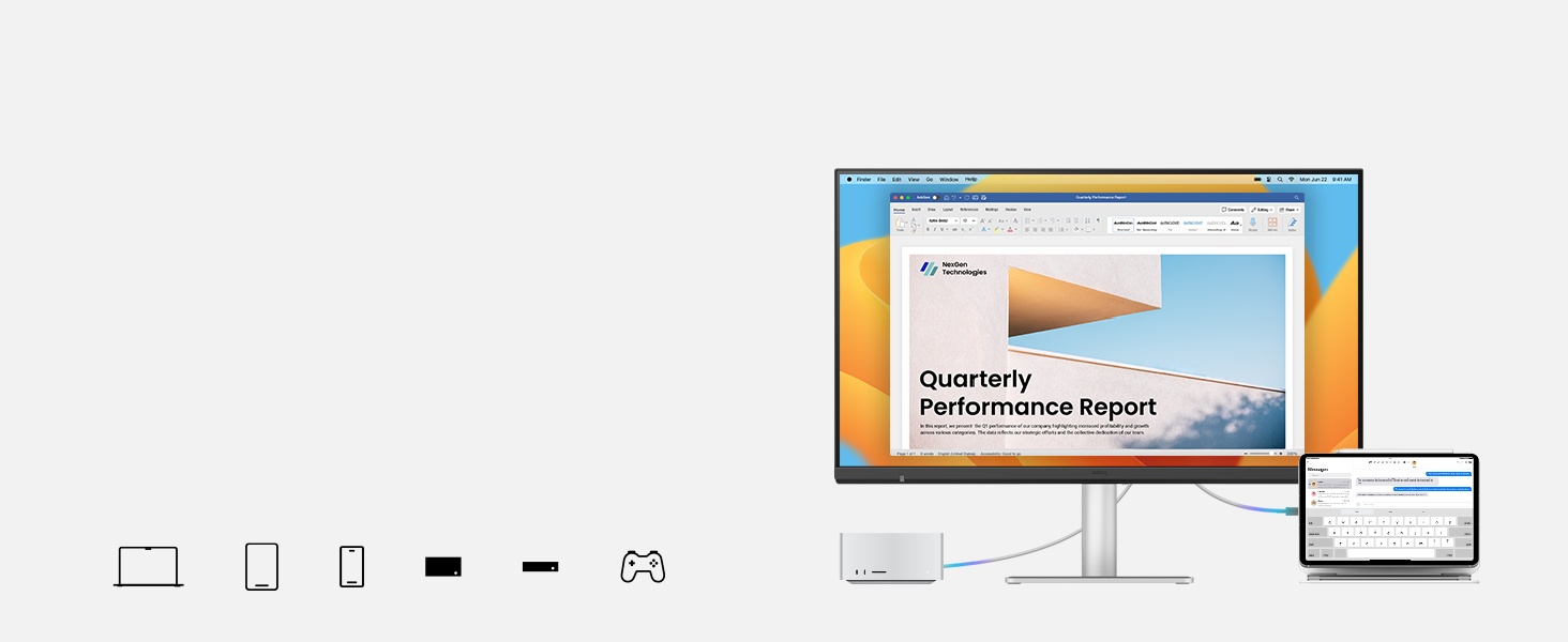 Computer monitor and tablet displaying responsive web design interface with navigation icons below showing different device breakpoints for desktop and mobile optimization.