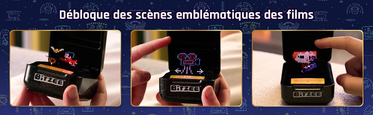 Le texte se lit comme suit : « Débloque des scènes emblématiques des films ». Série d'images promotionnelles sombres montrant ce qui semble être du contenu de divertissement interactif.